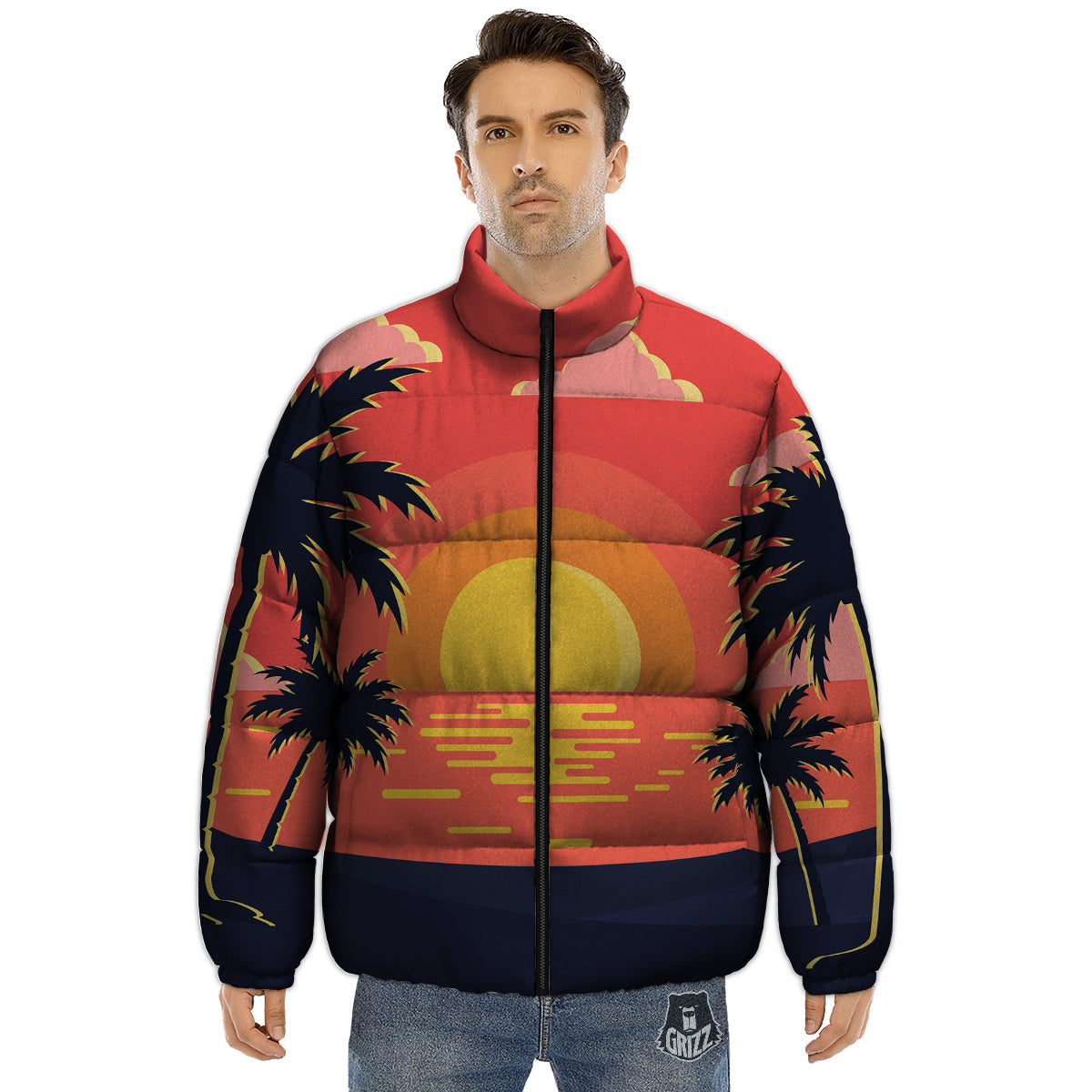 Sunset And Beach Pink Sky Print Puffer Jacket-grizzshop