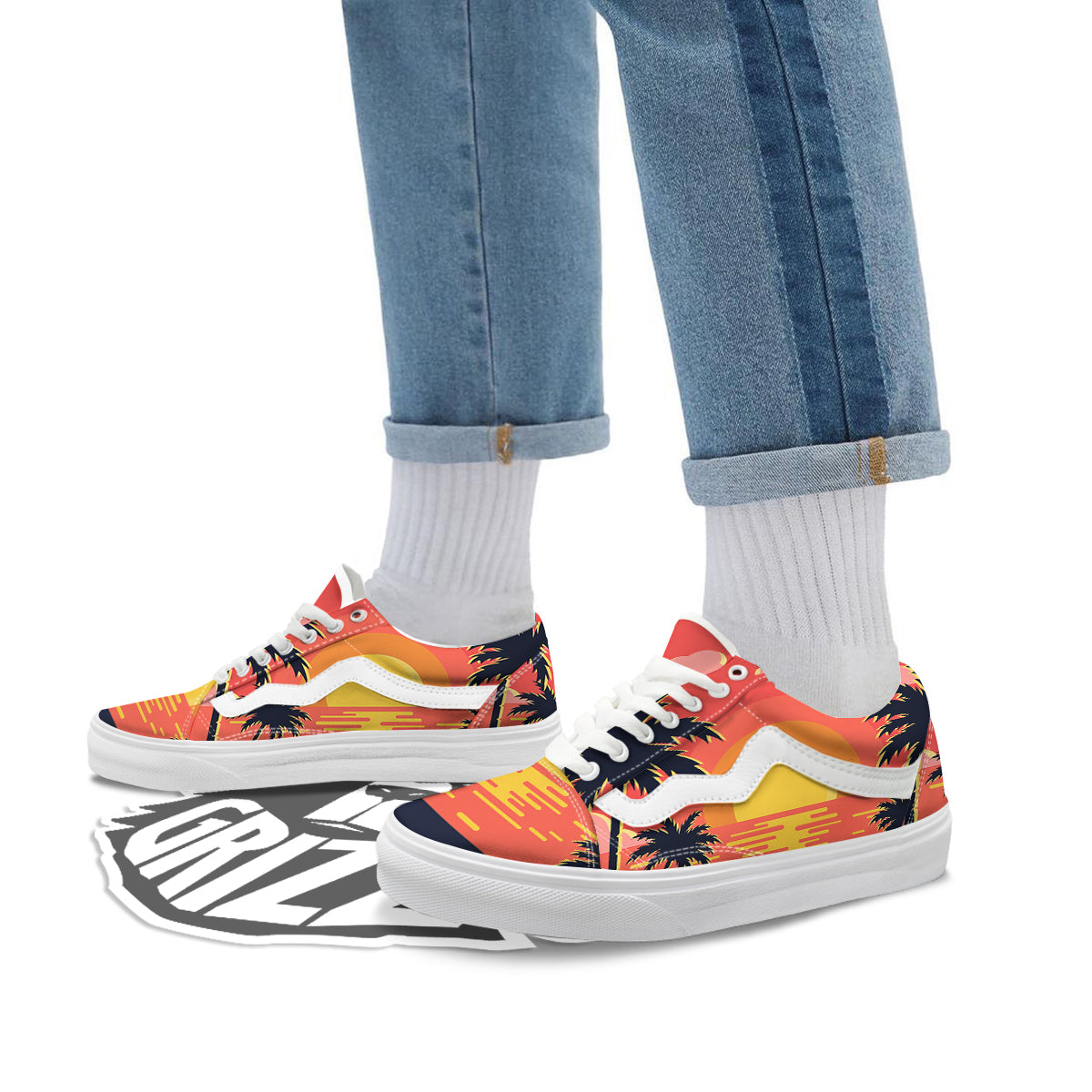 Sunset And Beach Pink Sky Print Skate Shoes-grizzshop
