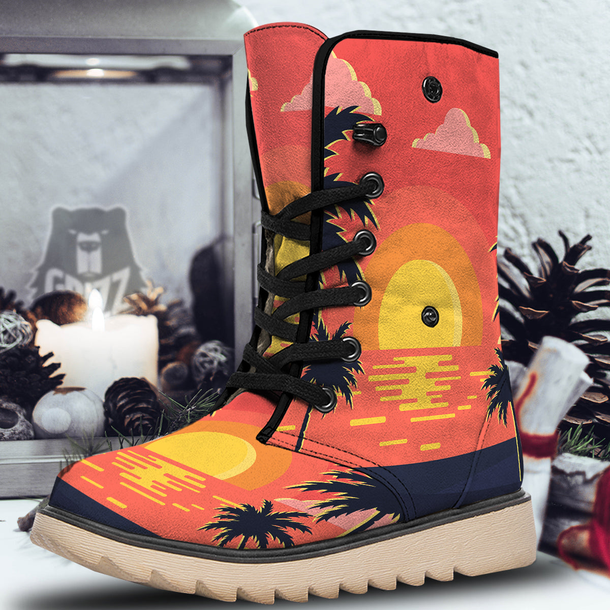 Sunset And Beach Pink Sky Print Snow Boots-grizzshop