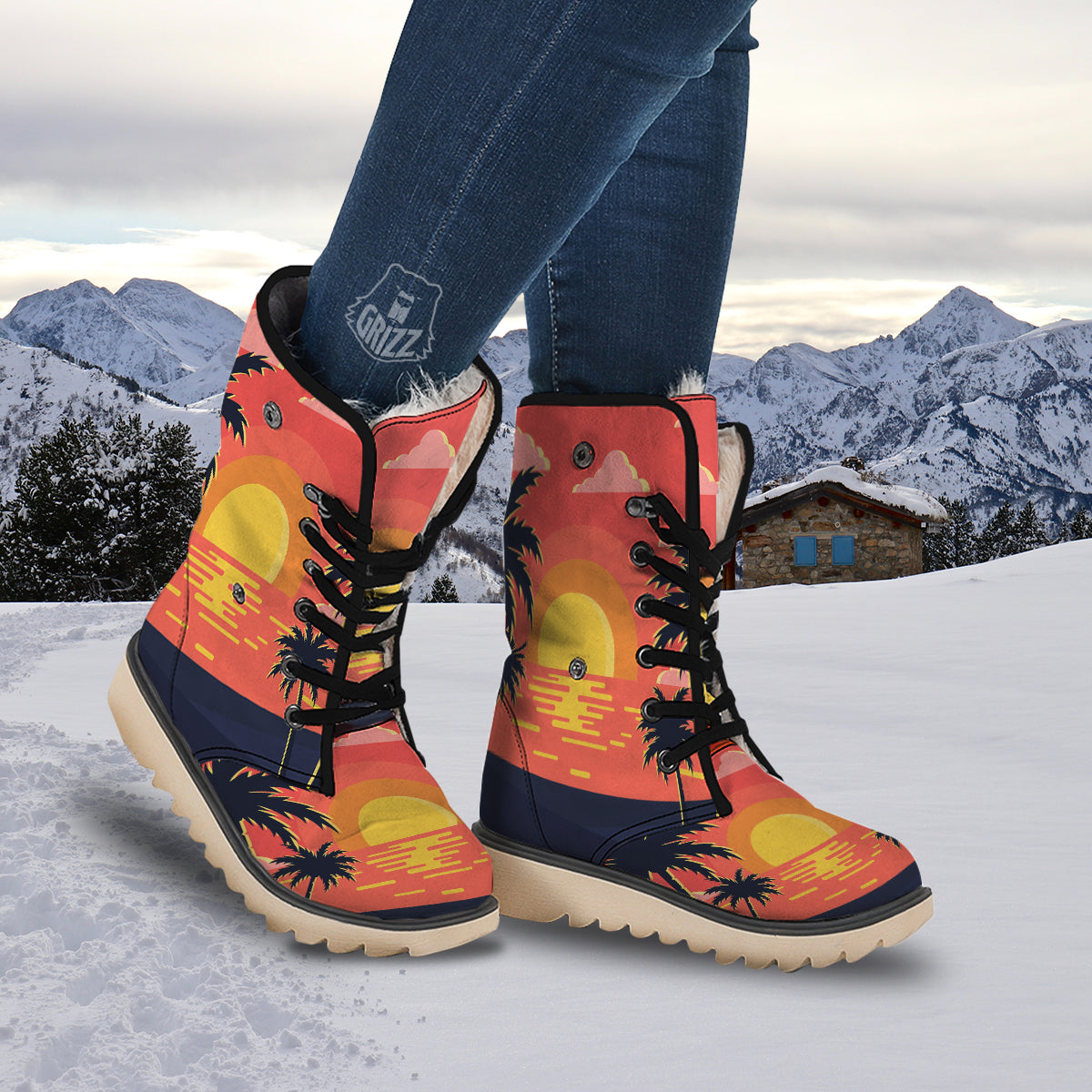 Sunset And Beach Pink Sky Print Snow Boots-grizzshop