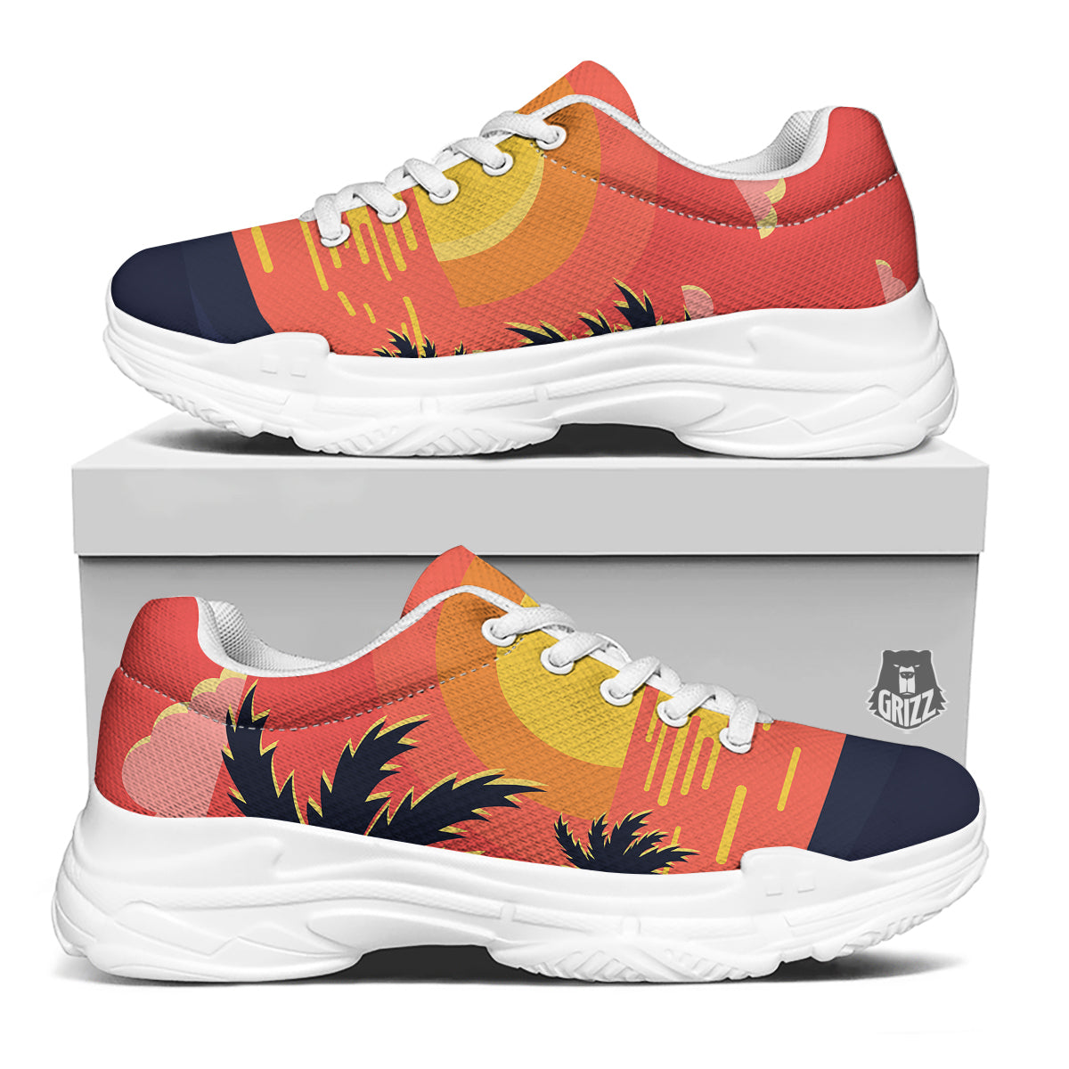 Sunset And Beach Pink Sky Print White Chunky Shoes-grizzshop