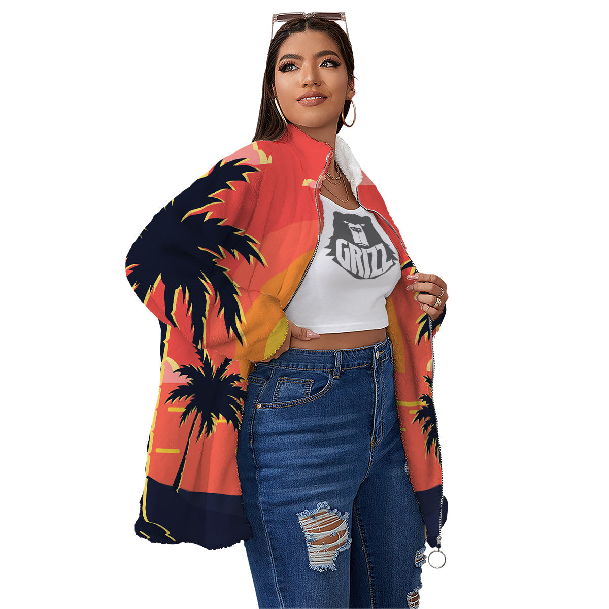 Sunset And Beach Pink Sky Print Women's Sherpa Jacket-grizzshop