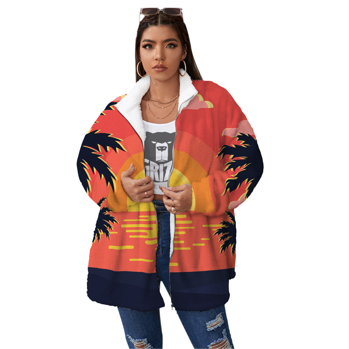 Sunset And Beach Pink Sky Print Women's Sherpa Jacket-grizzshop