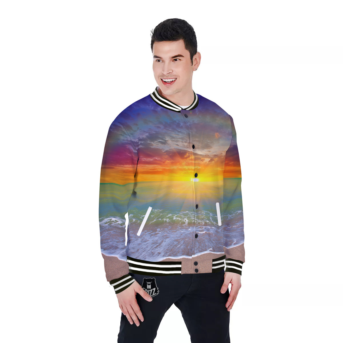 Sunset And Rainbow On Beach Print Baseball Jacket-grizzshop
