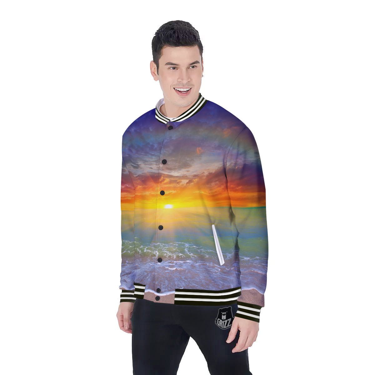 Sunset And Rainbow On Beach Print Baseball Jacket-grizzshop