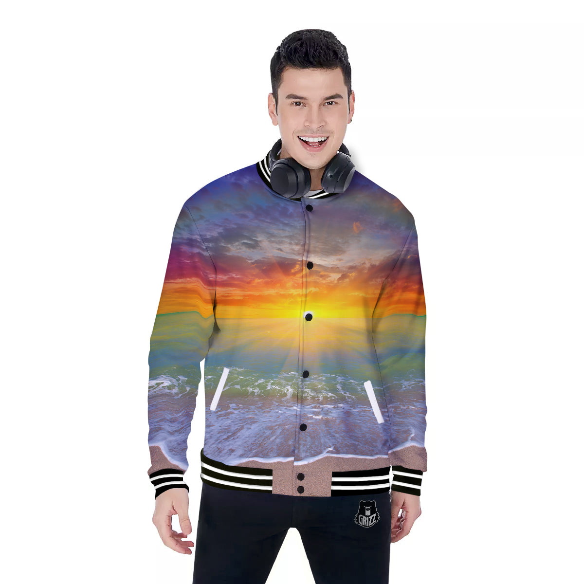 Sunset And Rainbow On Beach Print Baseball Jacket-grizzshop