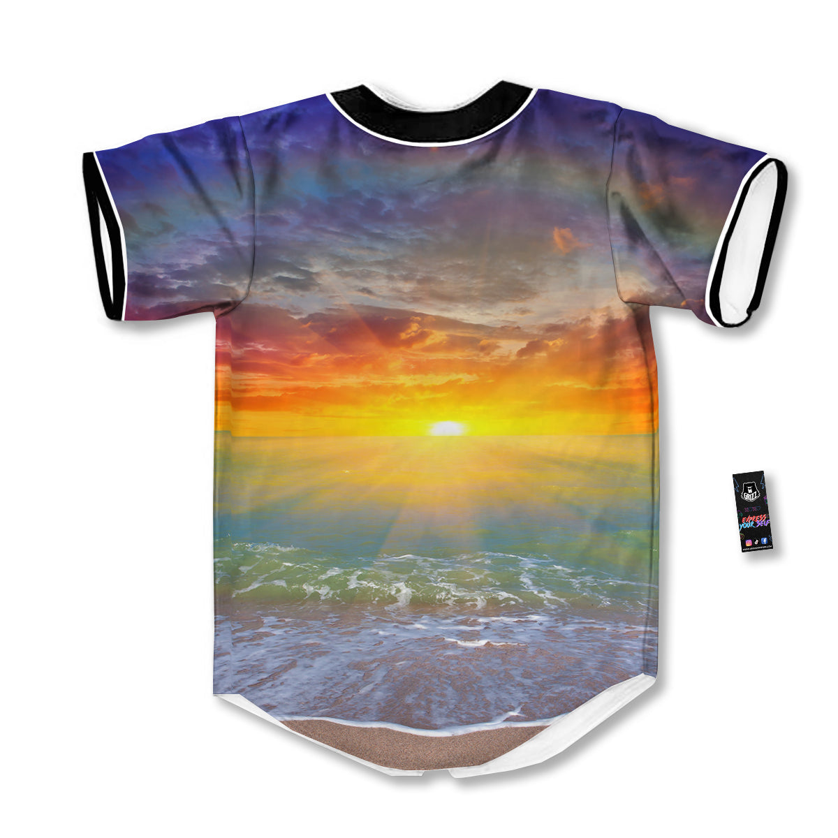 Sunset And Rainbow On Beach Print Baseball Jersey-grizzshop