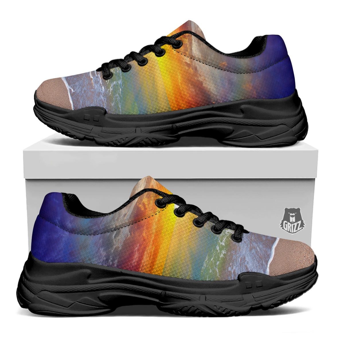 Sunset And Rainbow On Beach Print Black Chunky Shoes-grizzshop