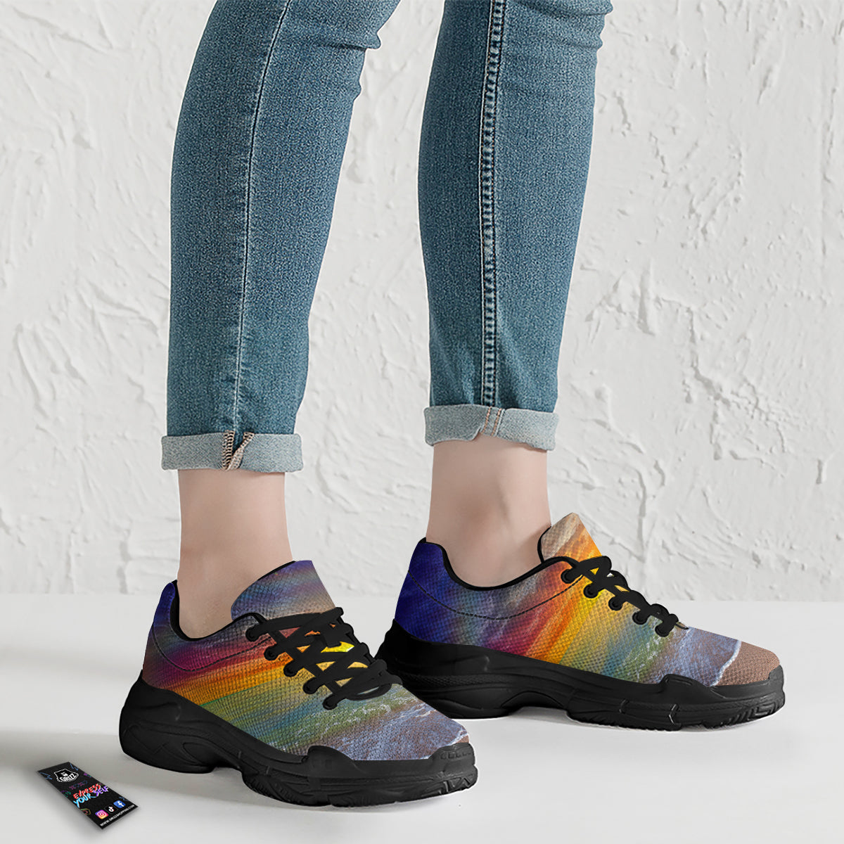 Sunset And Rainbow On Beach Print Black Chunky Shoes-grizzshop