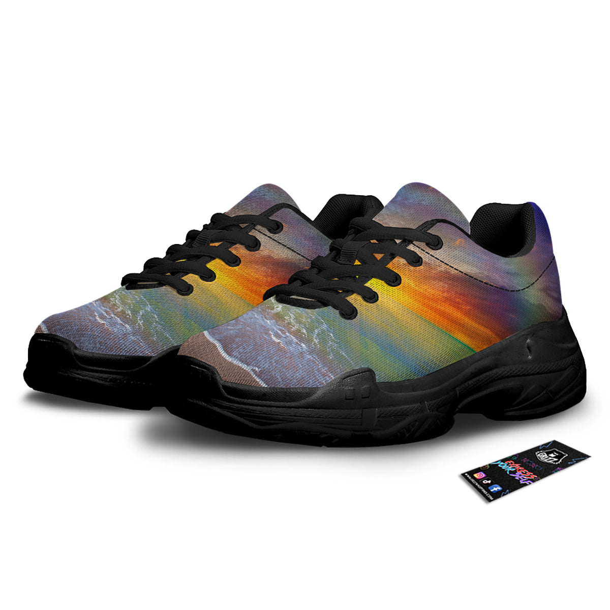 Sunset And Rainbow On Beach Print Black Chunky Shoes-grizzshop