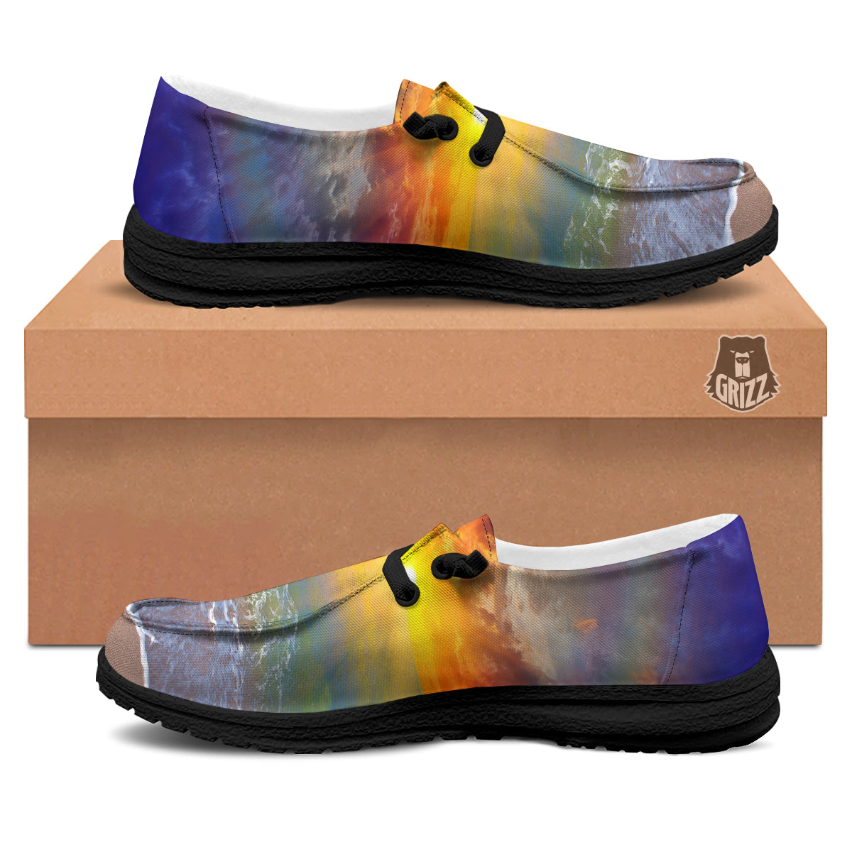 Sunset And Rainbow On Beach Print Black Loafers-grizzshop