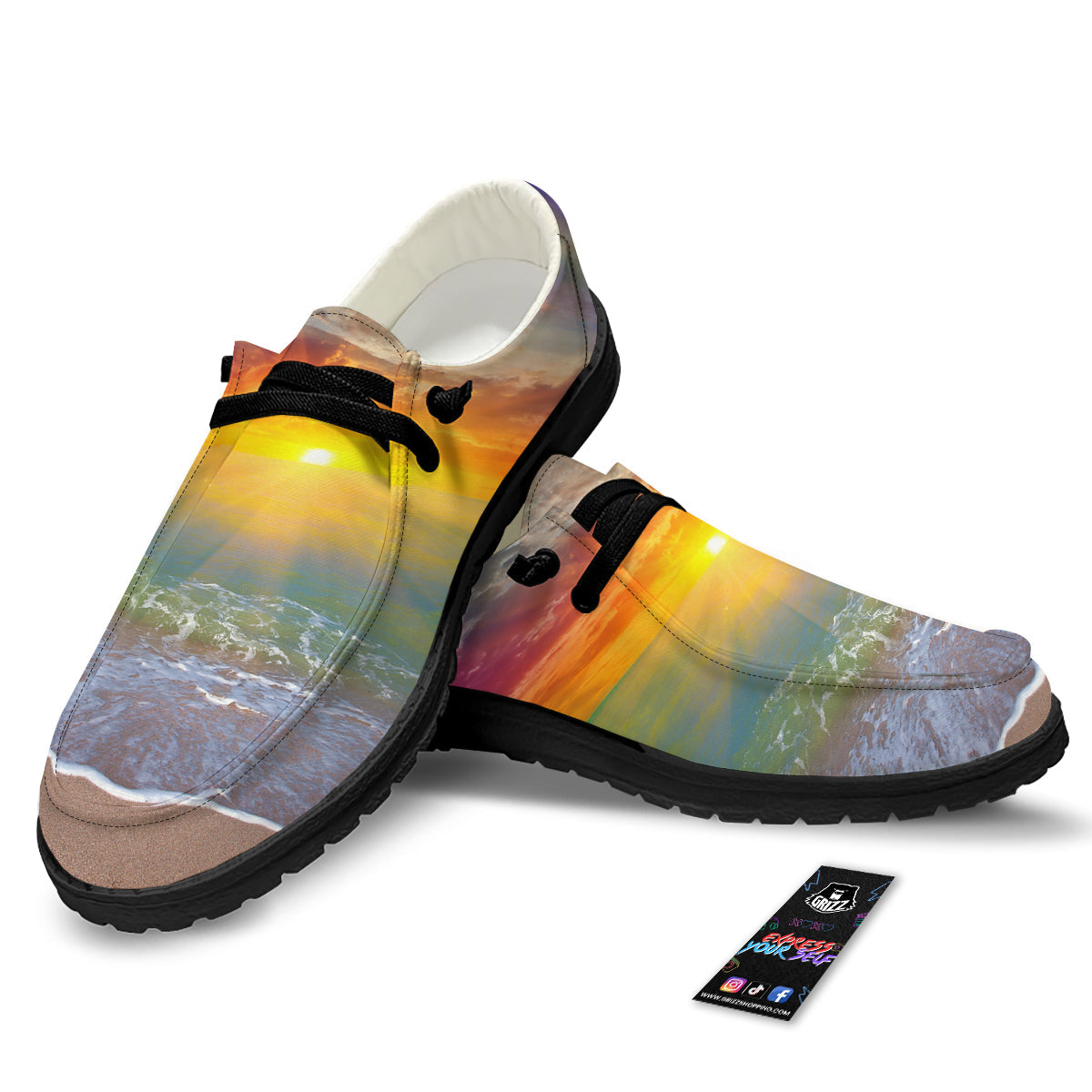 Sunset And Rainbow On Beach Print Black Loafers-grizzshop