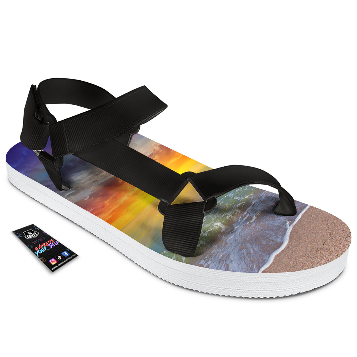 Sunset And Rainbow On Beach Print Black Open Toe Sandals-grizzshop