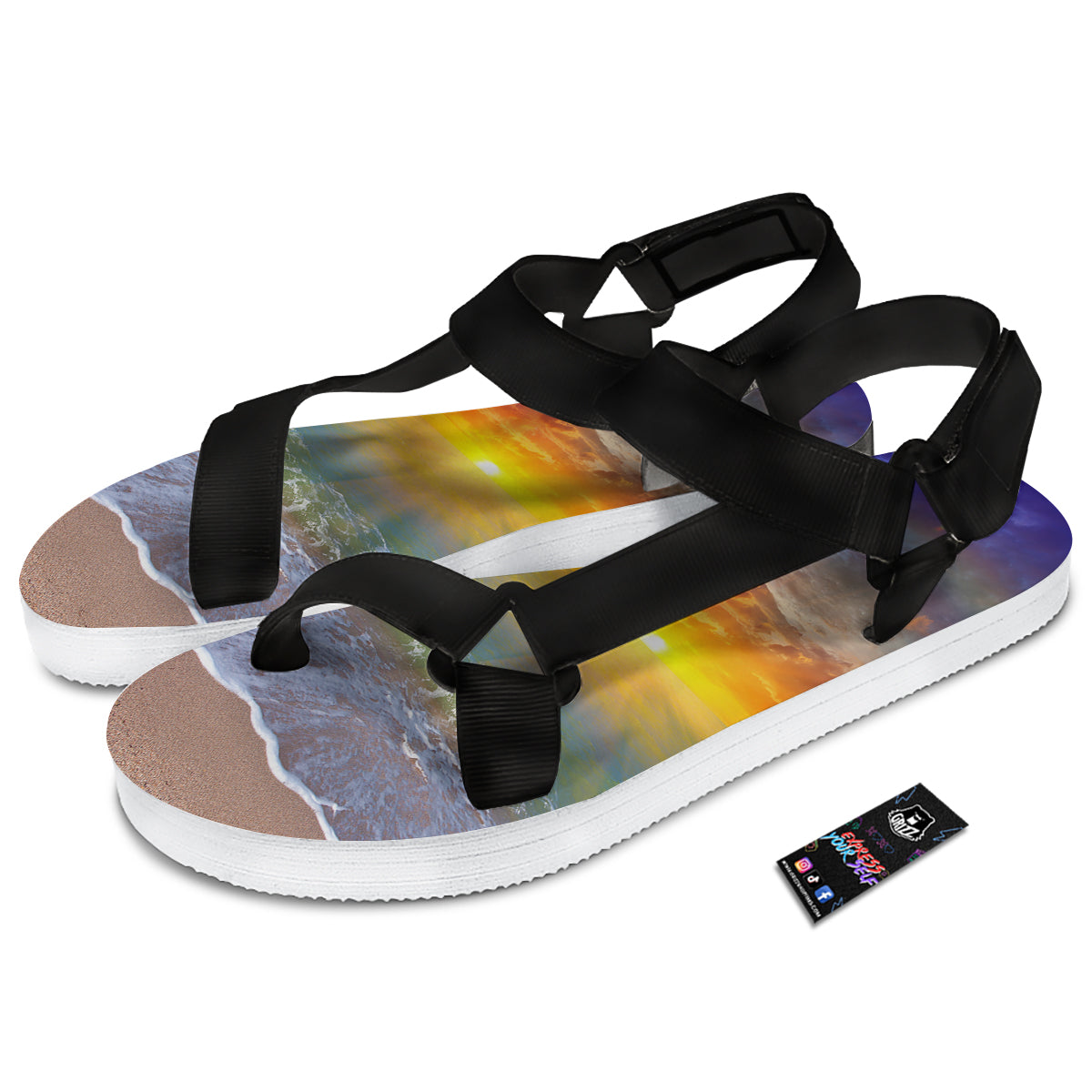 Sunset And Rainbow On Beach Print Black Open Toe Sandals-grizzshop