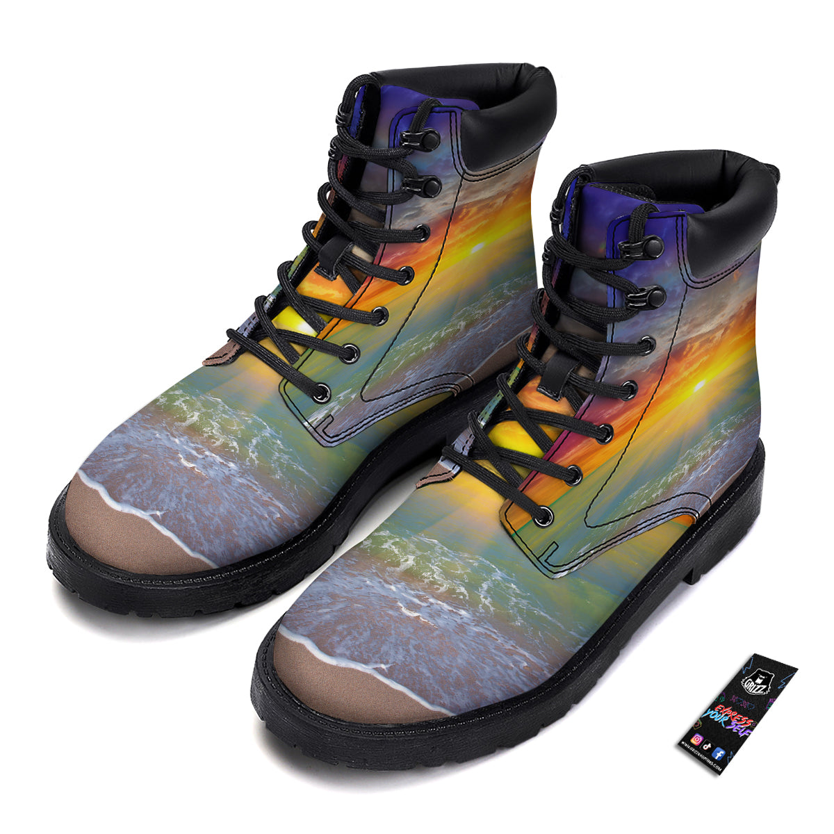 Sunset And Rainbow On Beach Print Boots-grizzshop