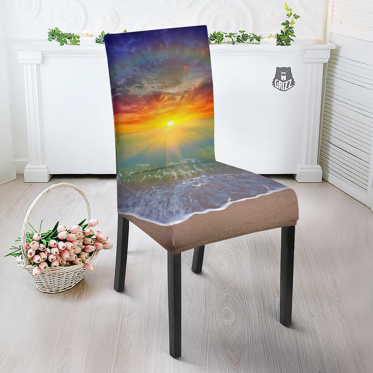 Sunset And Rainbow On Beach Print Dining Chair Slipcover-grizzshop