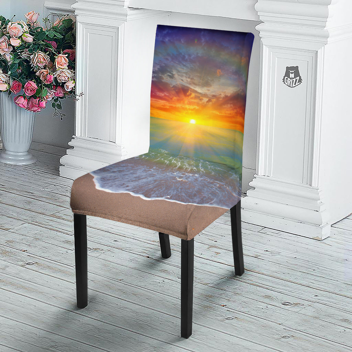 Sunset And Rainbow On Beach Print Dining Chair Slipcover-grizzshop