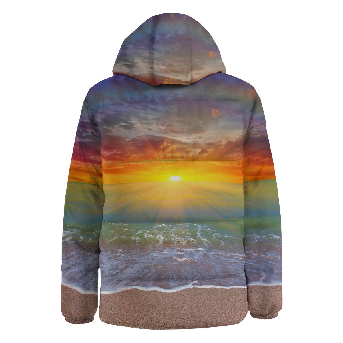 Sunset And Rainbow On Beach Print Down Jacket-grizzshop