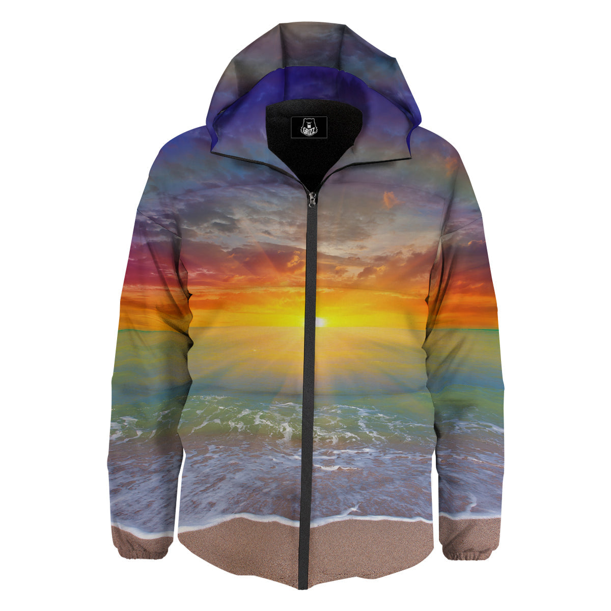 Sunset And Rainbow On Beach Print Down Jacket-grizzshop