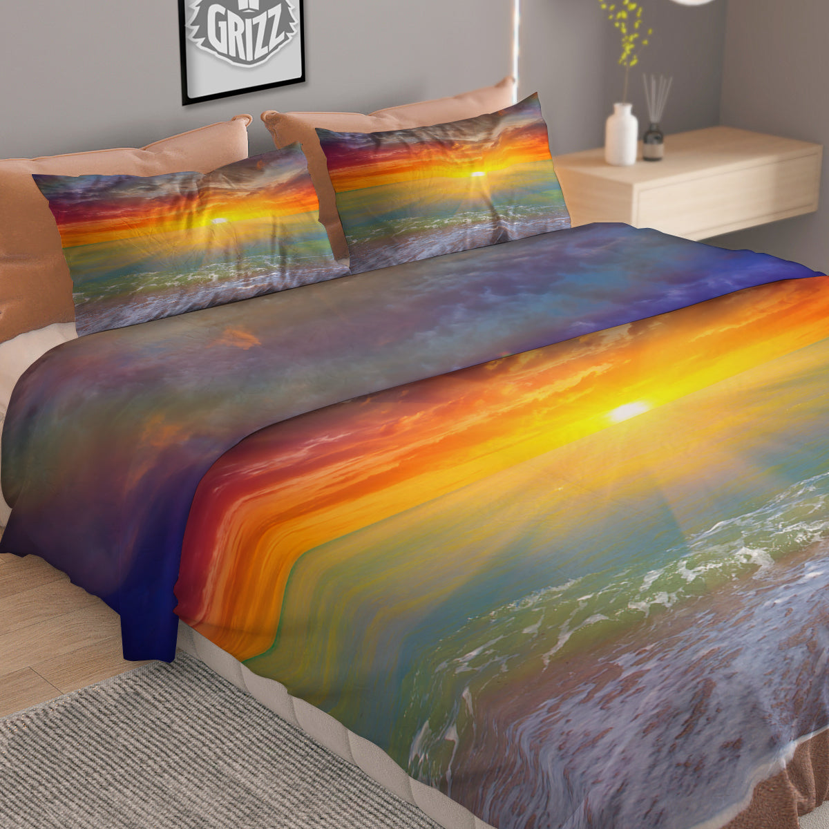 Sunset And Rainbow On Beach Print Duvet Cover Bedding Set