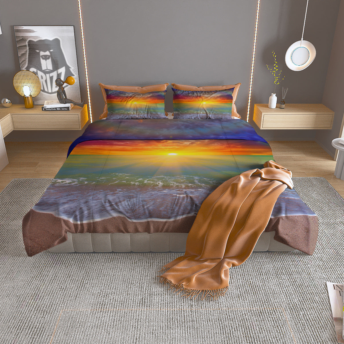 Sunset And Rainbow On Beach Print Duvet Cover Bedding Set