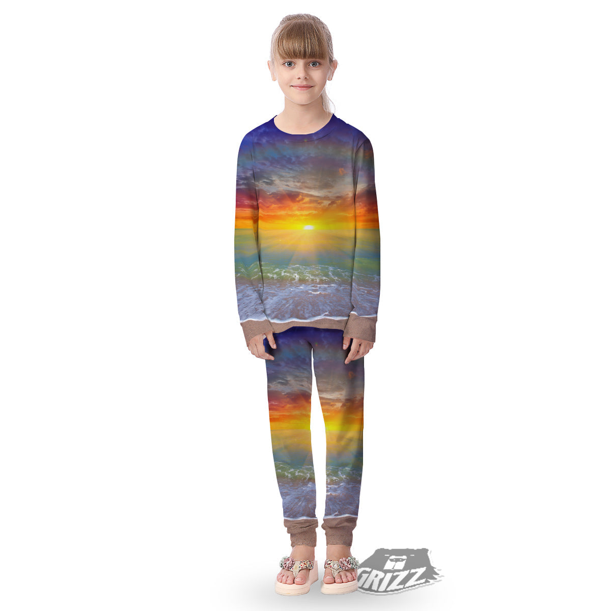 Sunset And Rainbow On Beach Print Kid's Pajamas-grizzshop