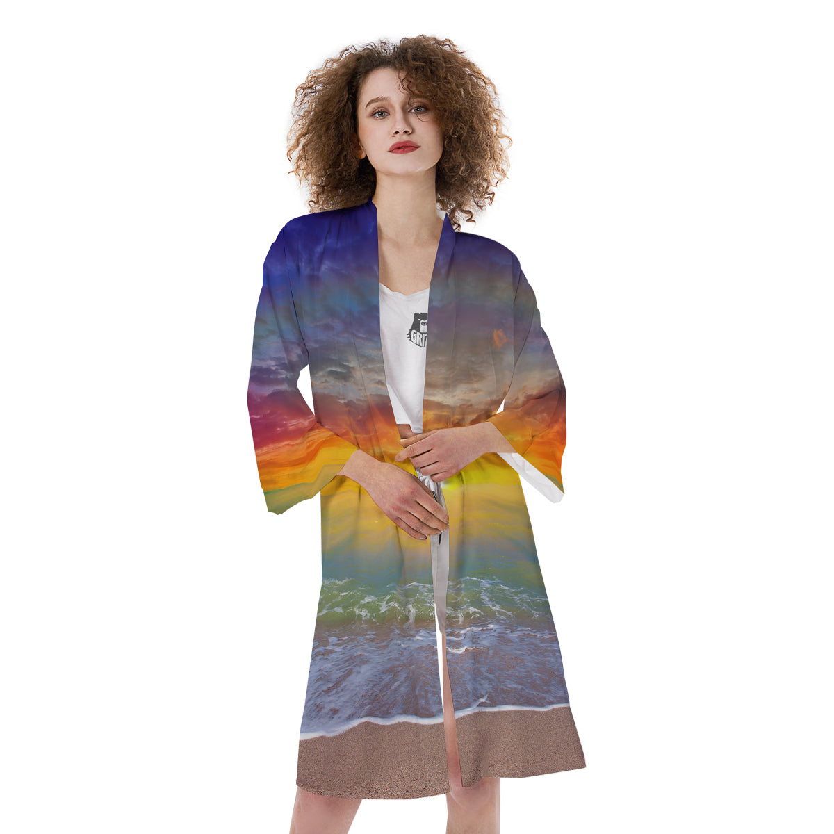 Sunset And Rainbow On Beach Print Kimono-grizzshop