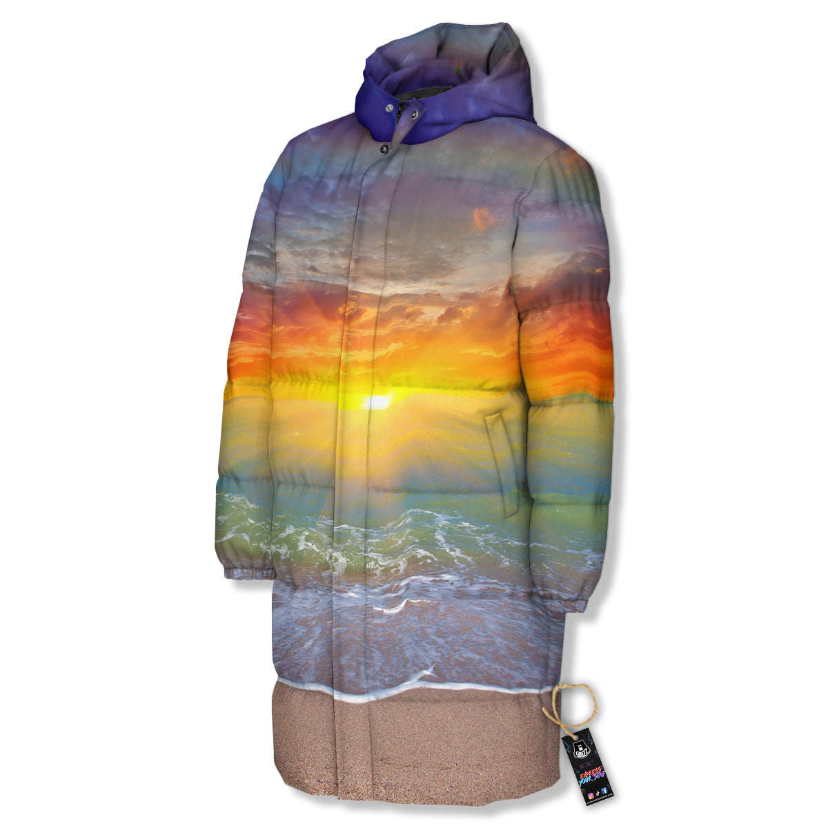Sunset And Rainbow On Beach Print Long Down Jacket-grizzshop