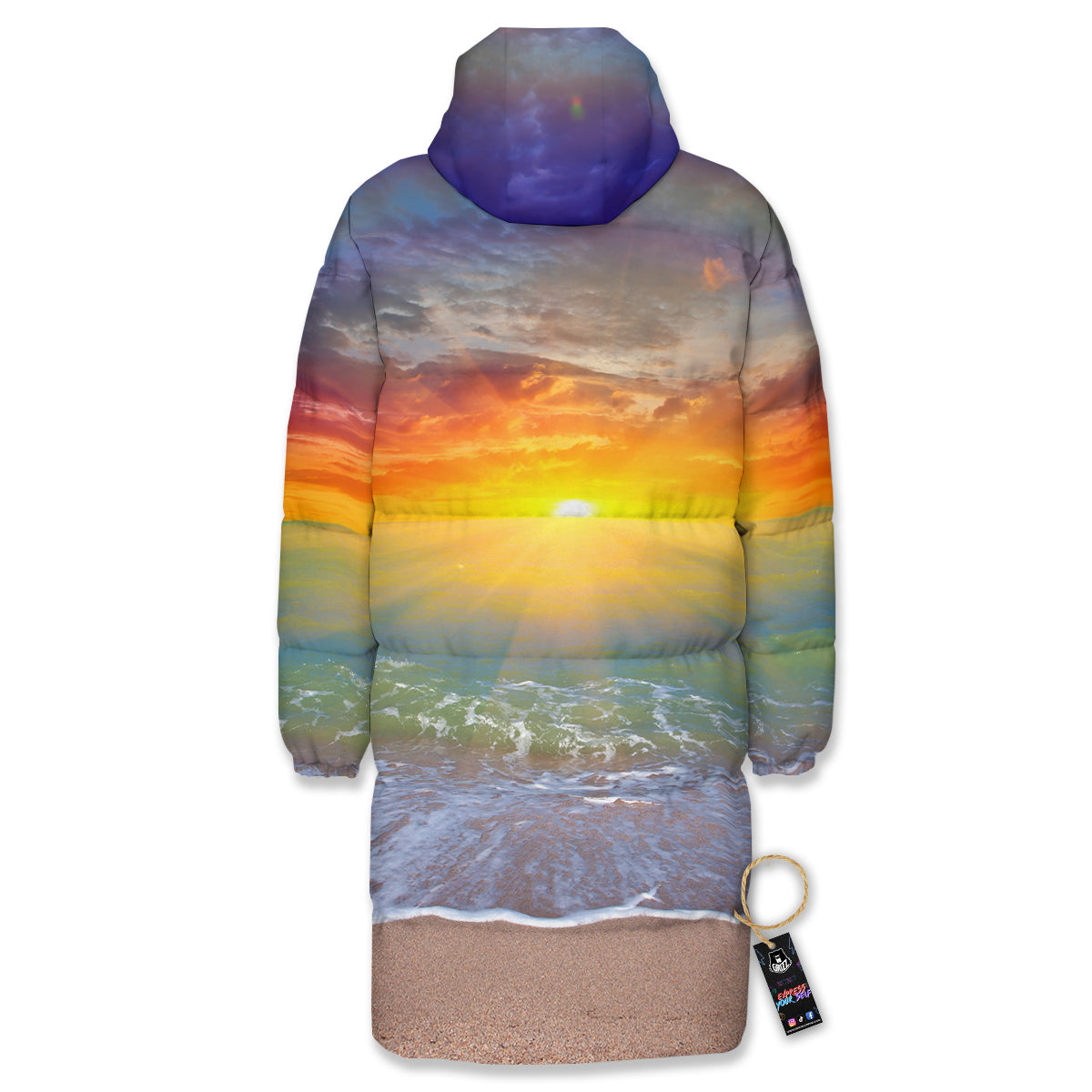 Sunset And Rainbow On Beach Print Long Down Jacket-grizzshop