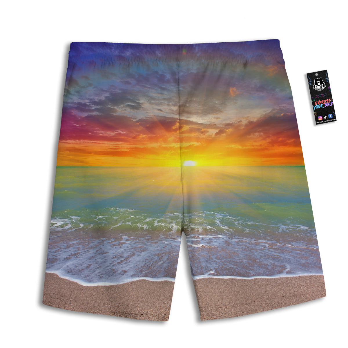 Sunset And Rainbow On Beach Print Men's Athletic Shorts