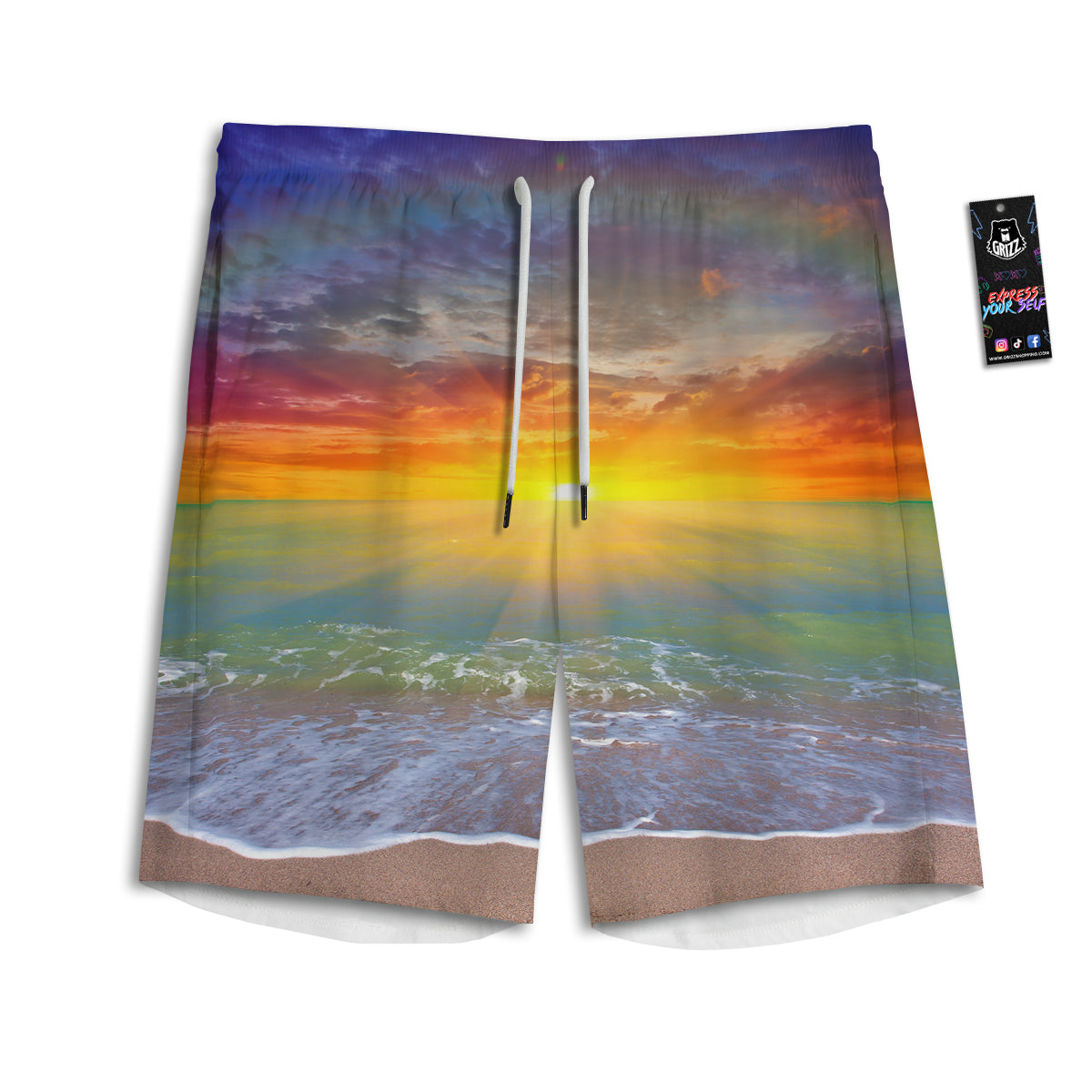 Sunset And Rainbow On Beach Print Men's Athletic Shorts