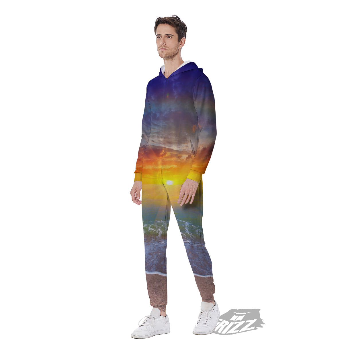 Sunset And Rainbow On Beach Print Men's Jumpsuit-grizzshop