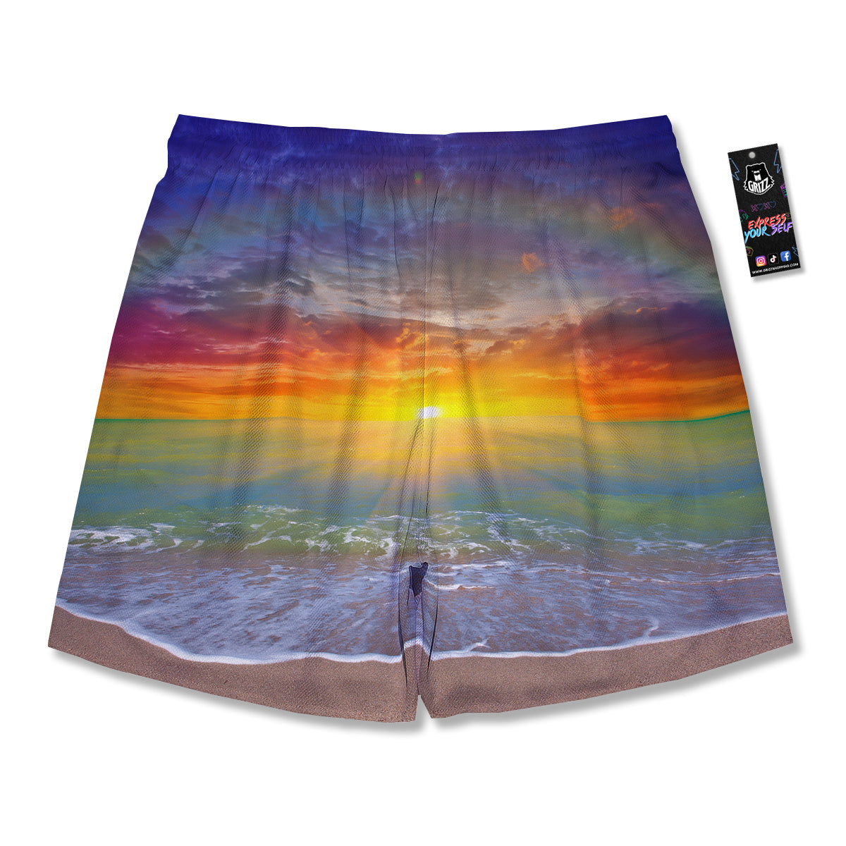 Sunset And Rainbow On Beach Print Men's Running Shorts-grizzshop