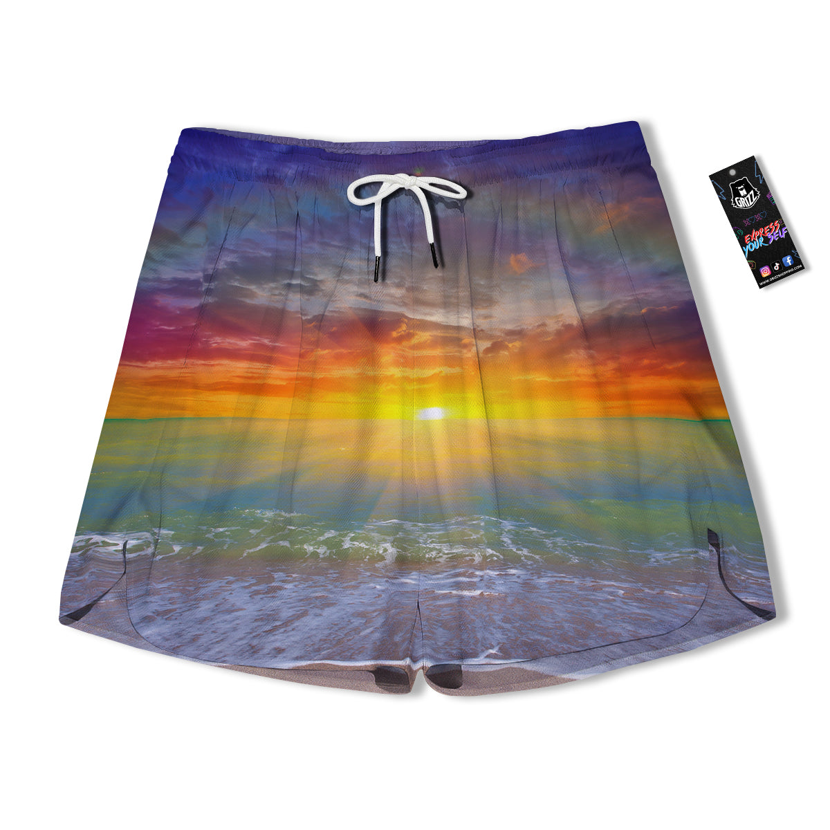 Sunset And Rainbow On Beach Print Men's Running Shorts-grizzshop