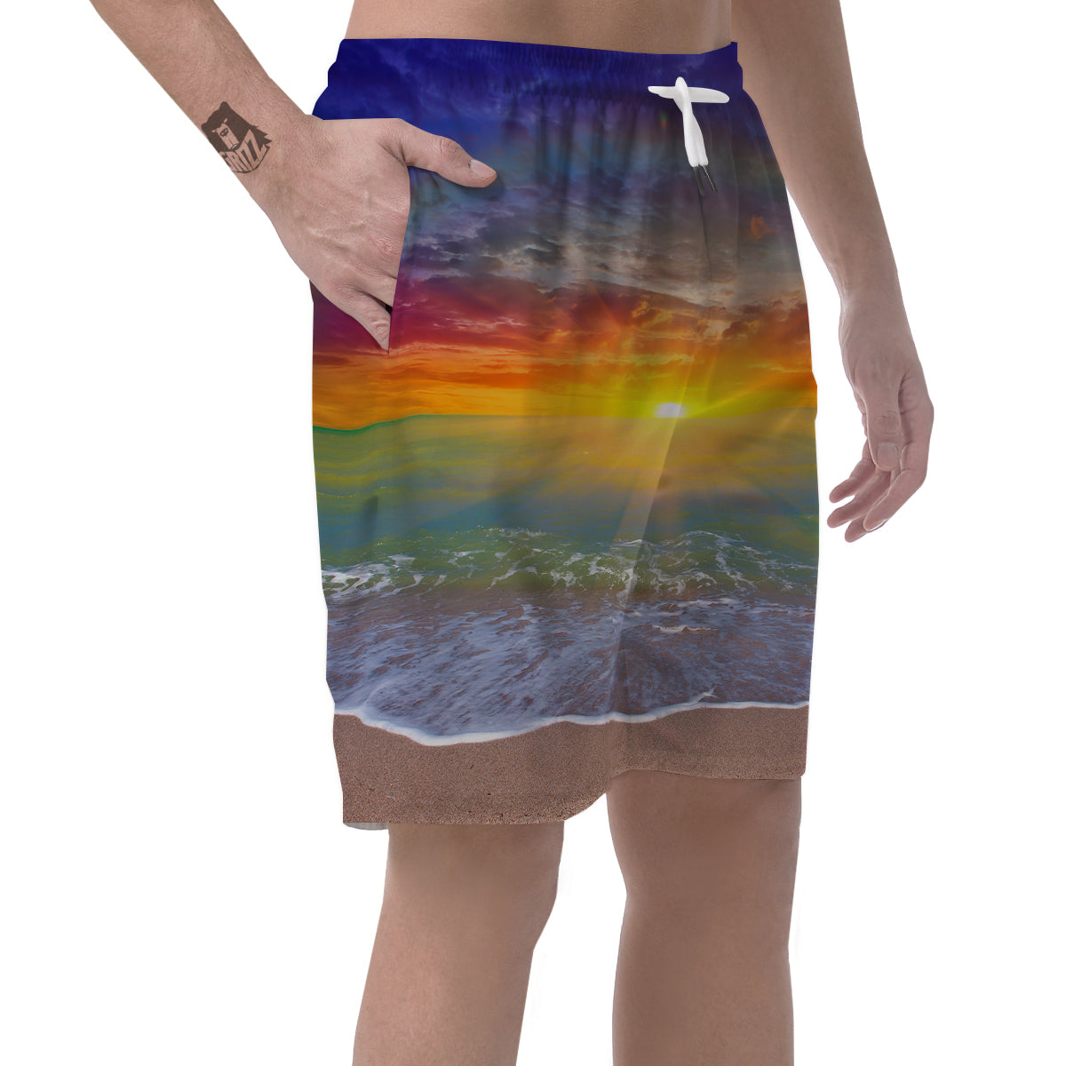Sunset And Rainbow On Beach Print Men's Shorts-grizzshop