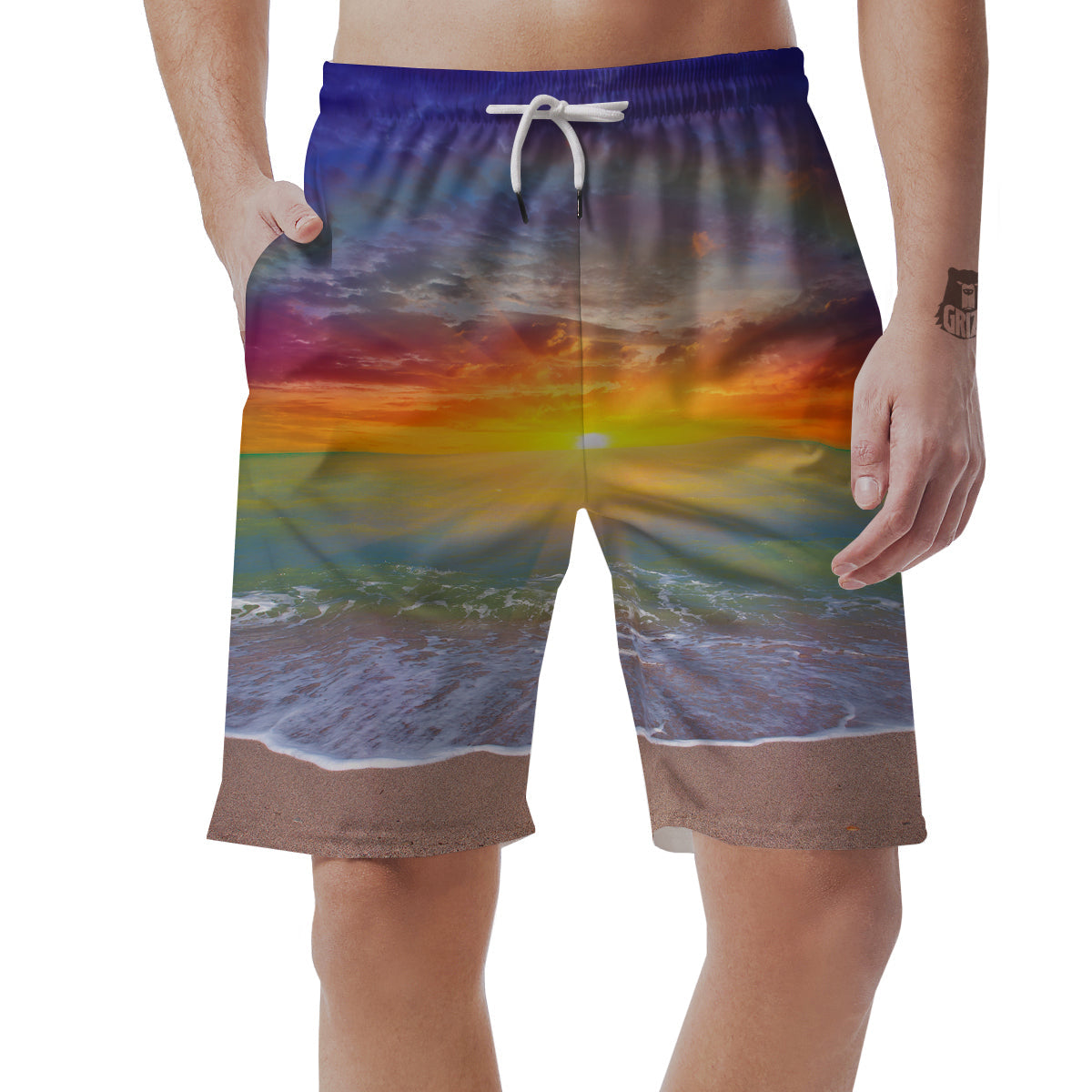 Sunset And Rainbow On Beach Print Men's Shorts-grizzshop
