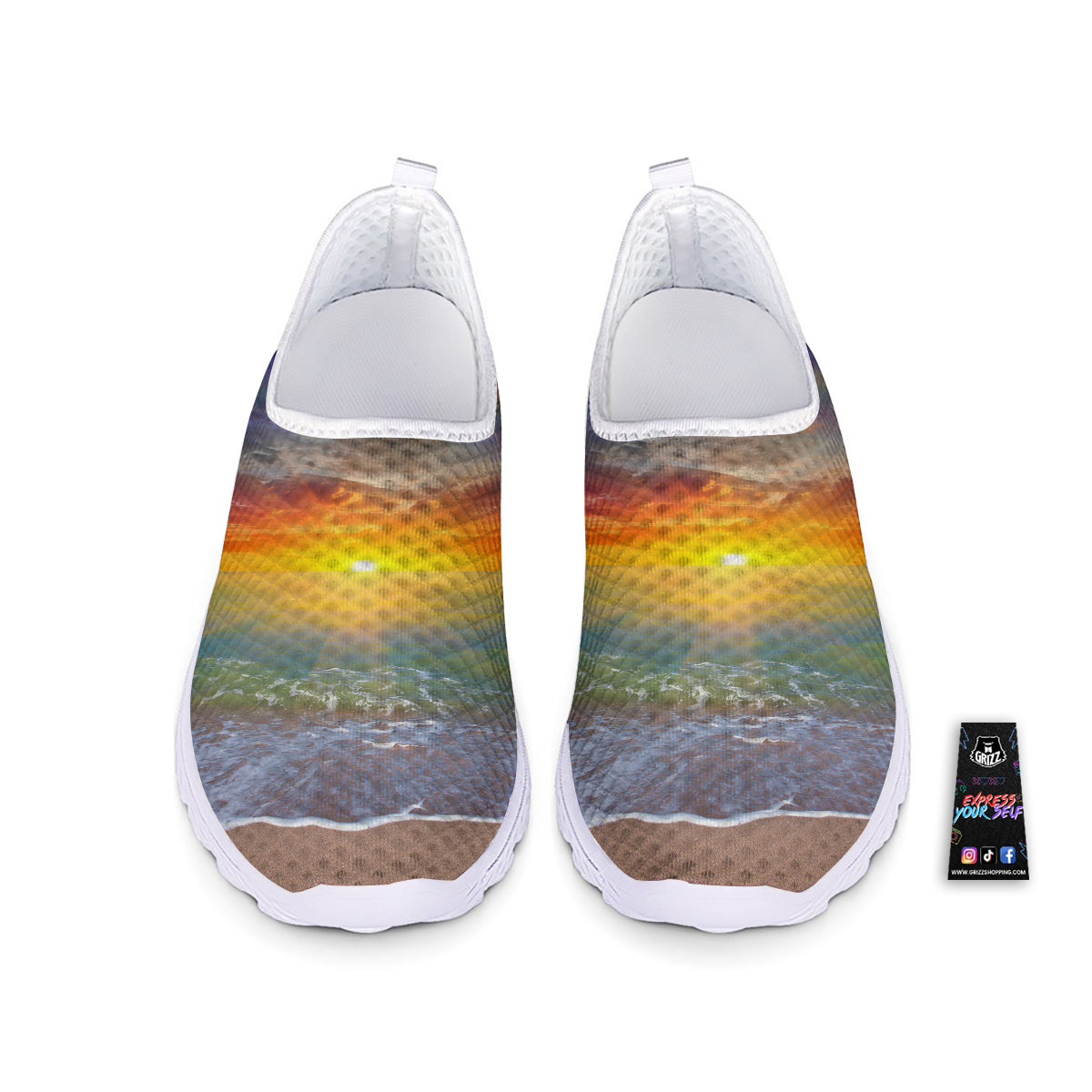 Sunset And Rainbow On Beach Print Nurse Shoes-grizzshop