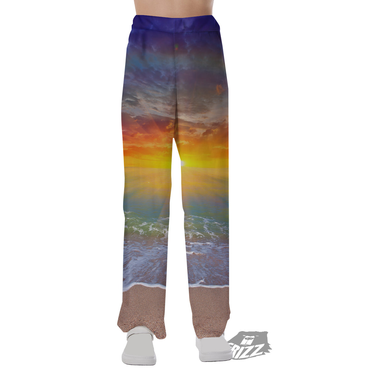 Sunset And Rainbow On Beach Print Pajama Pants-grizzshop