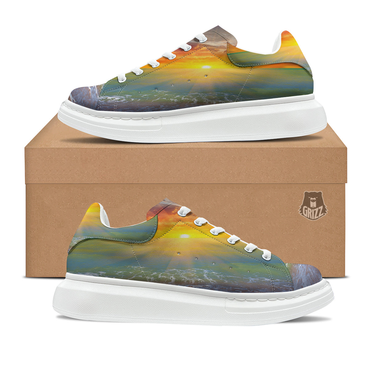 Sunset And Rainbow On Beach Print Platform Shoes-grizzshop