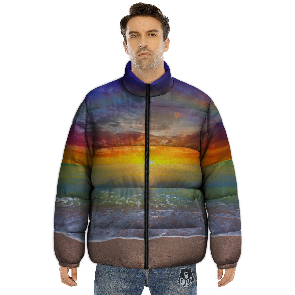 Sunset And Rainbow On Beach Print Puffer Jacket-grizzshop
