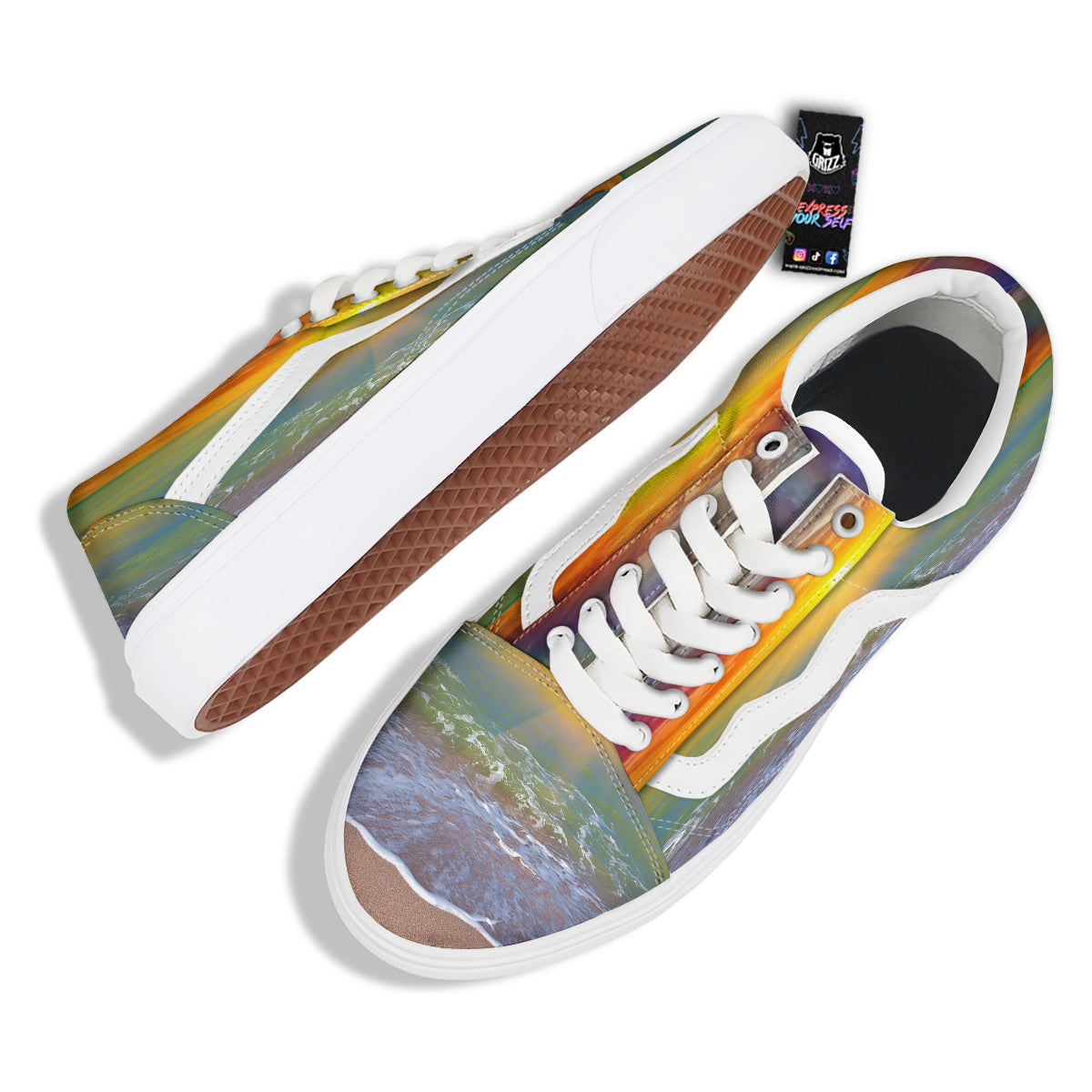 Sunset And Rainbow On Beach Print Skate Shoes-grizzshop