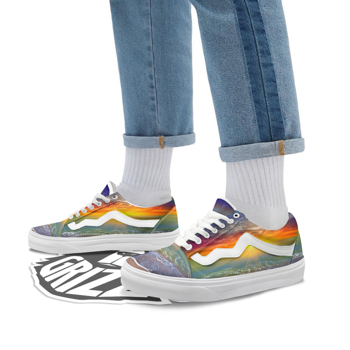 Sunset And Rainbow On Beach Print Skate Shoes-grizzshop