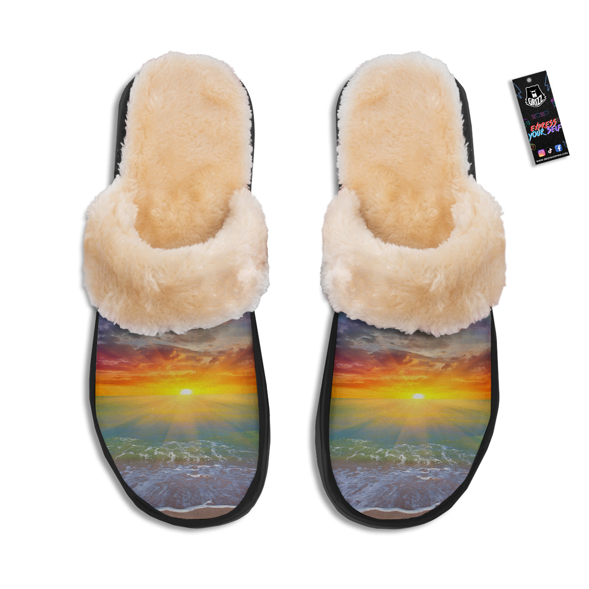 Sunset And Rainbow On Beach Print Slippers-grizzshop