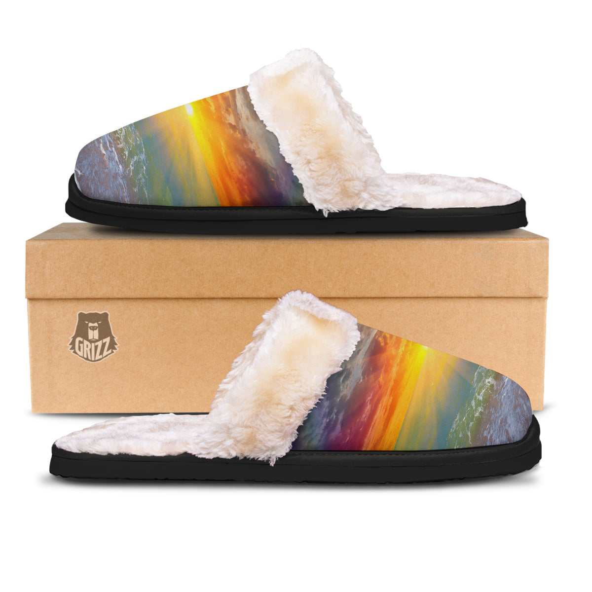 Sunset And Rainbow On Beach Print Slippers-grizzshop