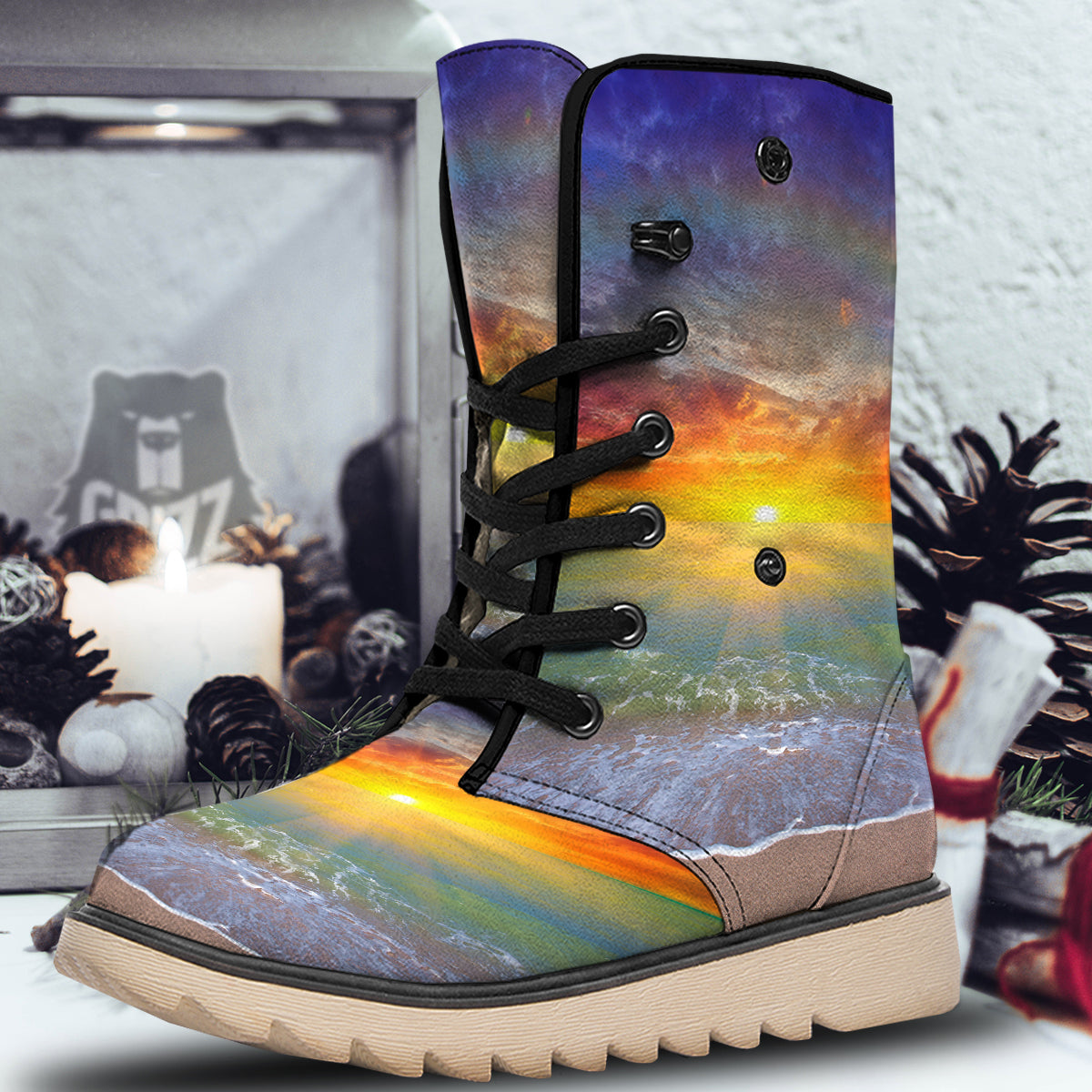 Sunset And Rainbow On Beach Print Snow Boots-grizzshop