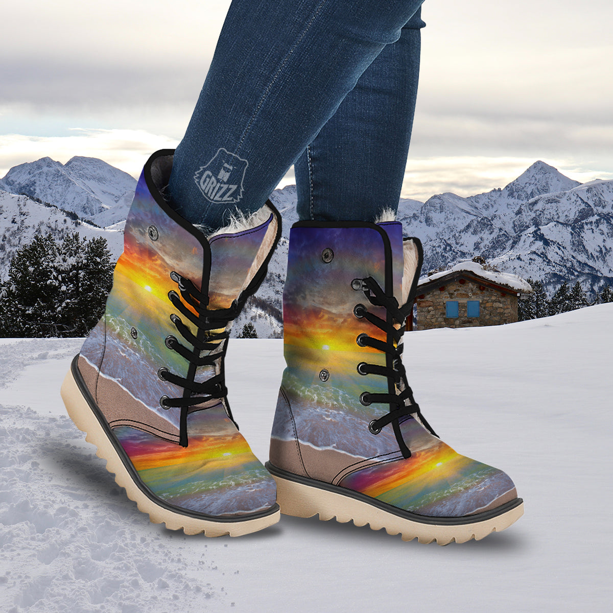 Sunset And Rainbow On Beach Print Snow Boots-grizzshop