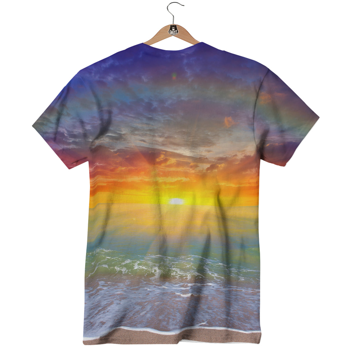 Sunset And Rainbow On Beach Print T-Shirt-grizzshop