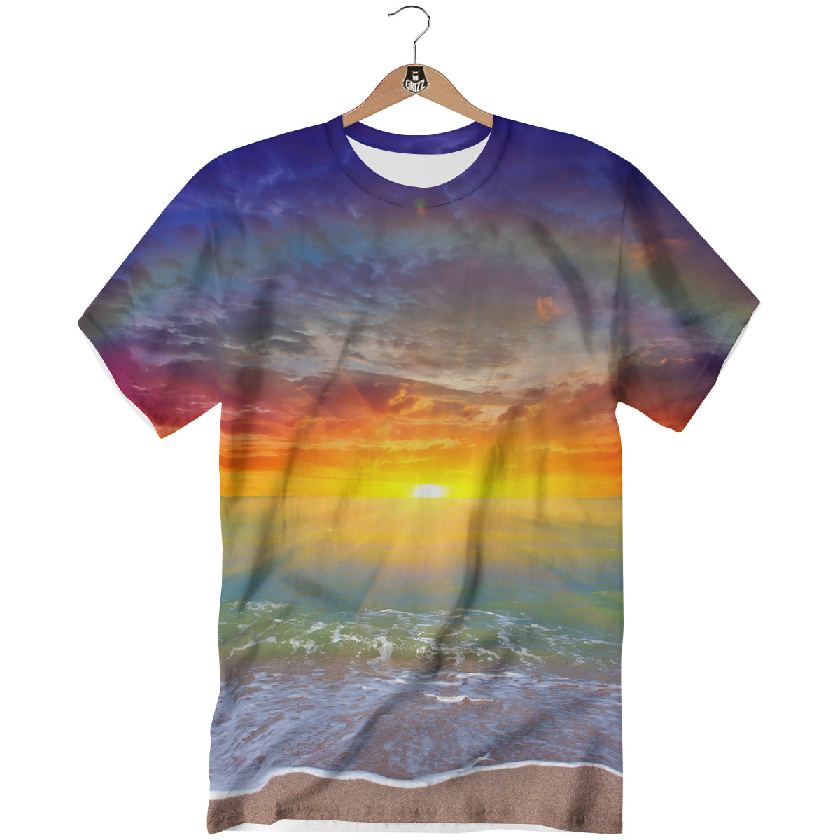 Sunset And Rainbow On Beach Print T-Shirt-grizzshop
