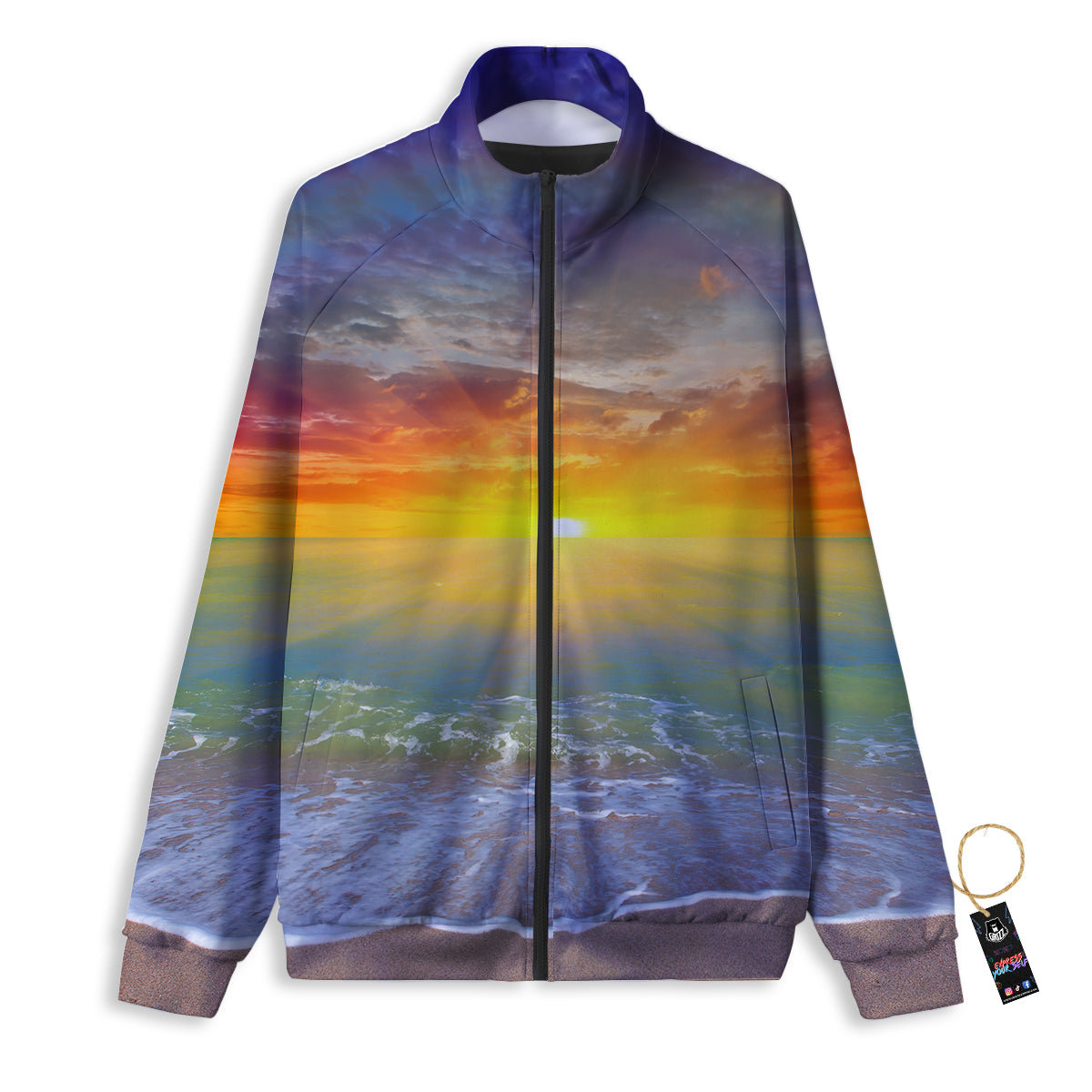 Sunset And Rainbow On Beach Print Track Jacket-grizzshop