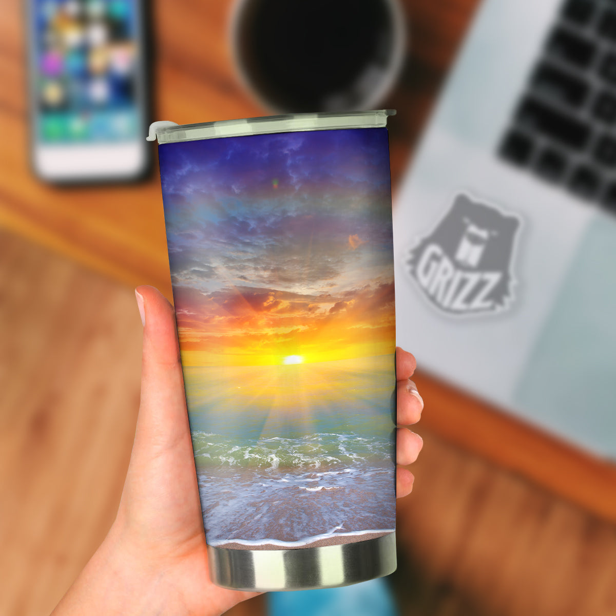 Sunset And Rainbow On Beach Print Tumbler-grizzshop